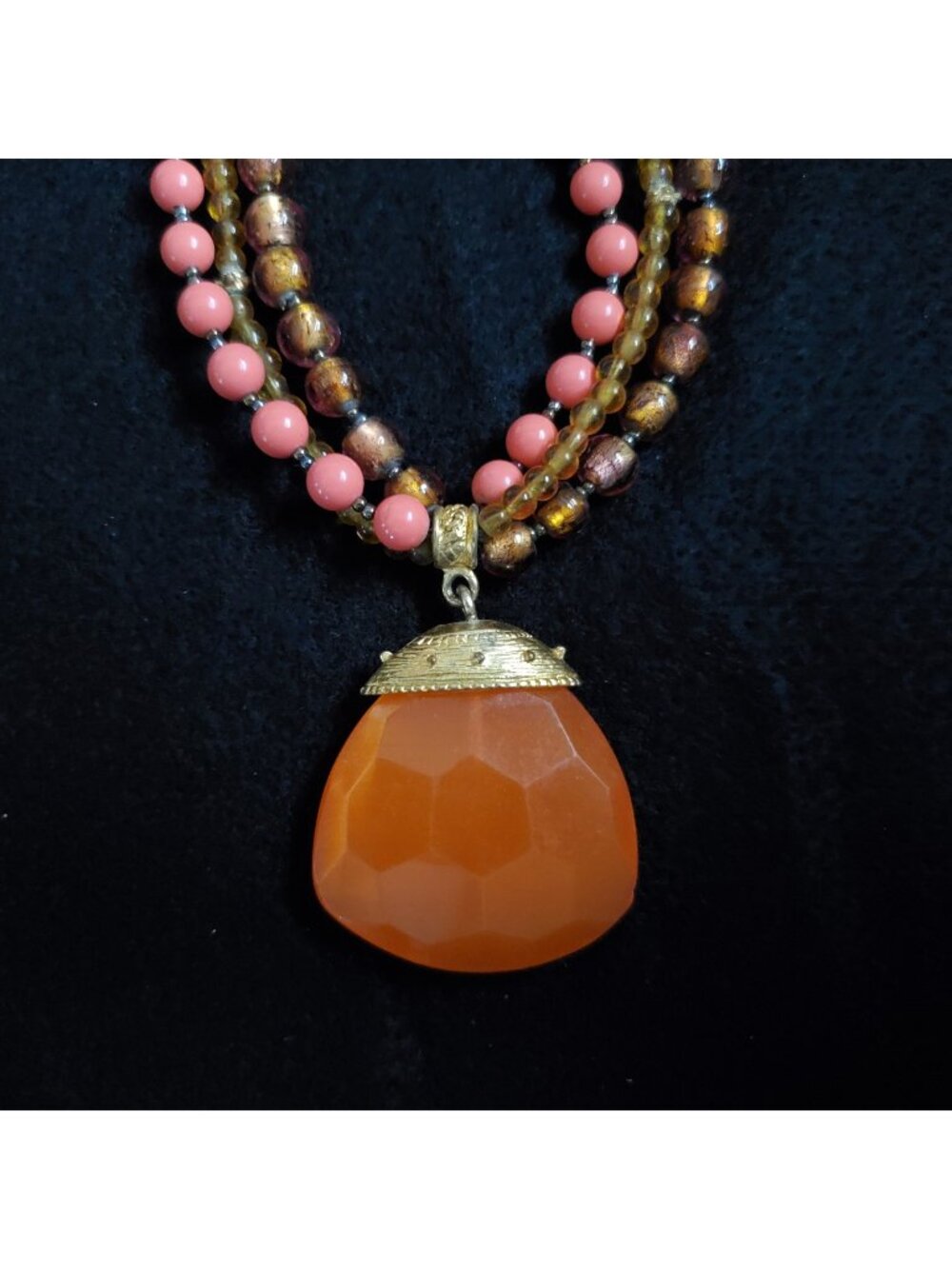 Glass Beaded Necklace Orange Moonglow Pendant Multi Strand 16"